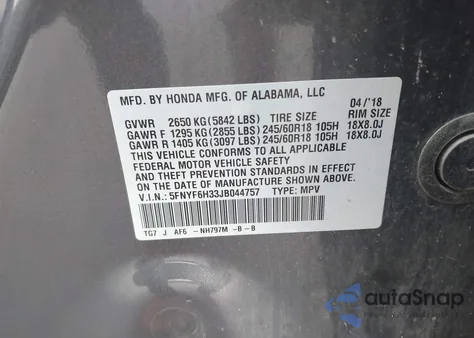 2018 Honda Pilot Ex из США, поврежденный, VIN 5FNYF6H33JB044757